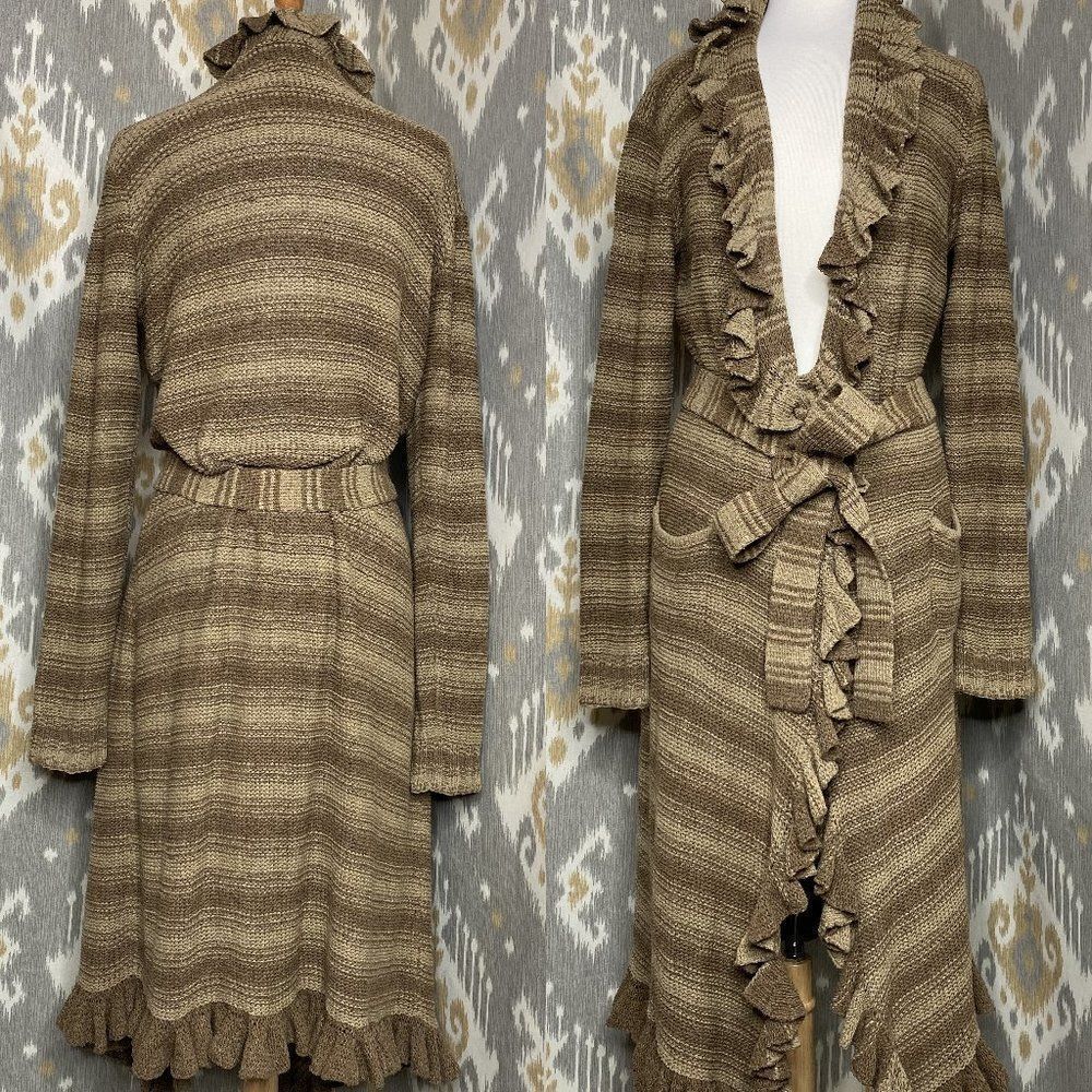 Ralph Lauren Olive Stripe Blanket Stitch Silk Hand Knit Ruffle CardiCoat - Picture 2 of 15